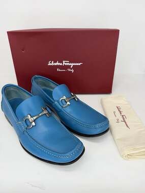 Salvatore Ferragamo Gancini Blue Leather Loafers Men's 8.5 D Made in Italy